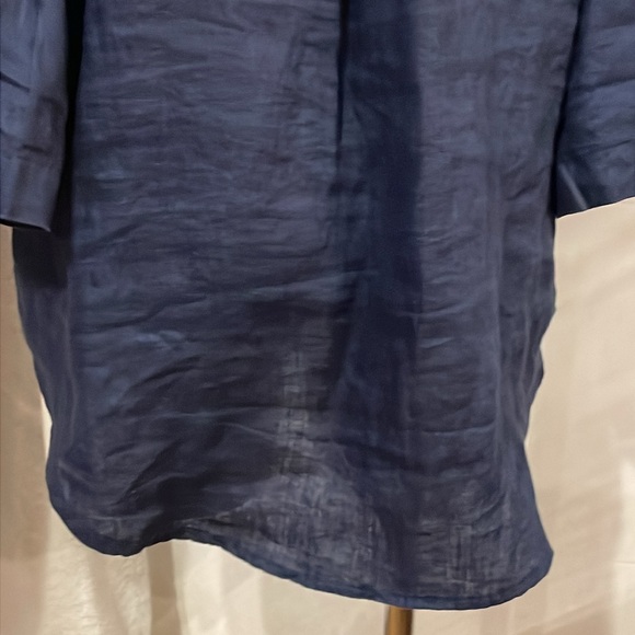Side Stitch Linen Roll Tab Sleeve V Neck Tunic Blouse Navy Blue Lightweight Sz M - Picture 5 of 13